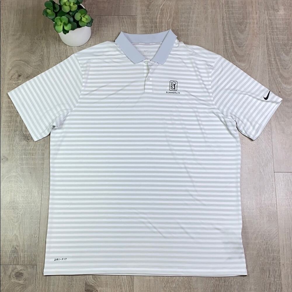 NIKE DRI-FIT Men's Gray White Striped Short Sleeve Golf Polo Shirt